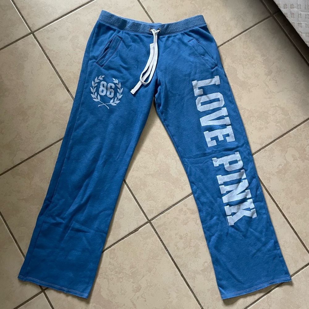 VINTAGE Victoria Secret Pink BOYFRIEND FIT BLUE 86 LOGO SWEAT PANT OPEN LEG S